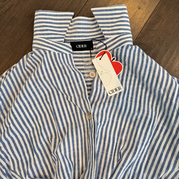 Cider Blue and White Cotton Collar Striped Knotted Roll-up Long Sleeve Shirt - Picture 2 of 3